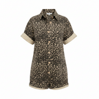 Brown leopard print romper with button-front, collared short sleeves, rolled cuffs
