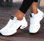 Comfortable everyday white knit sneakers with black logo accents and white sole
