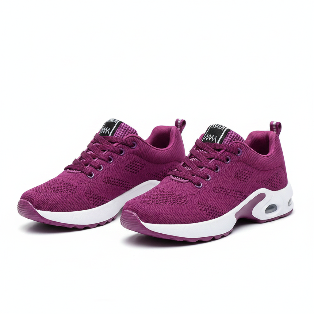 Purple breathable knit sneakers with lace-up design and cushioned sole, white side accents