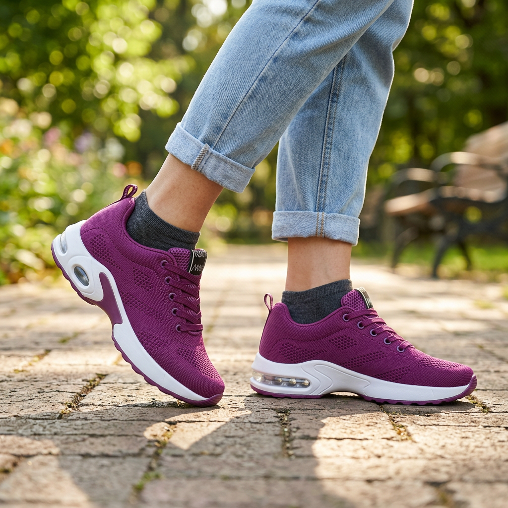 Purple lace-up sneakers with cushioned sole and air-cushion heel detail, worn with jeans