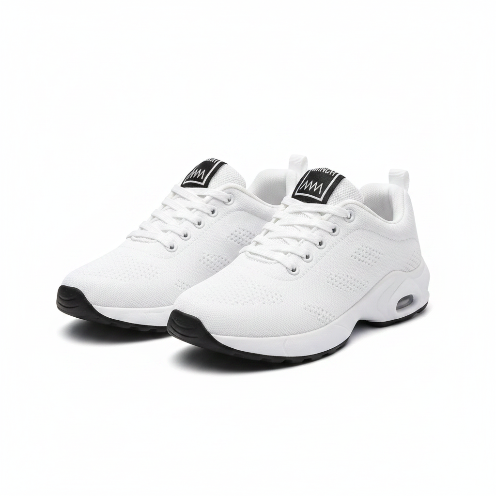 White breathable knit sneakers with lace-up front and cushioned sole, black accent toe