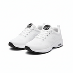 White breathable knit sneakers with lace-up front and cushioned sole, black accent toe