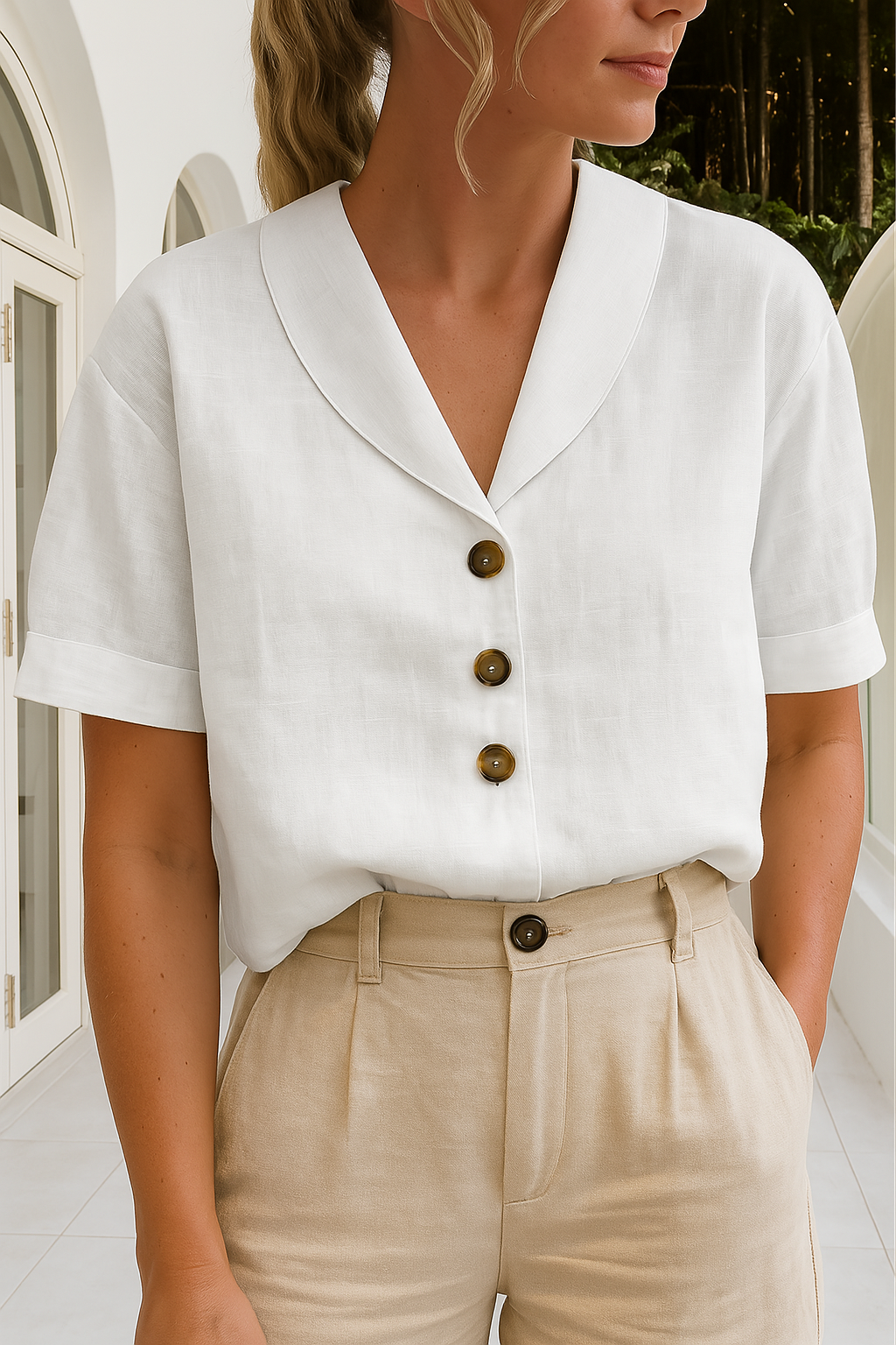 White short-sleeve blouse with shawl collar, wrap neckline, and button front