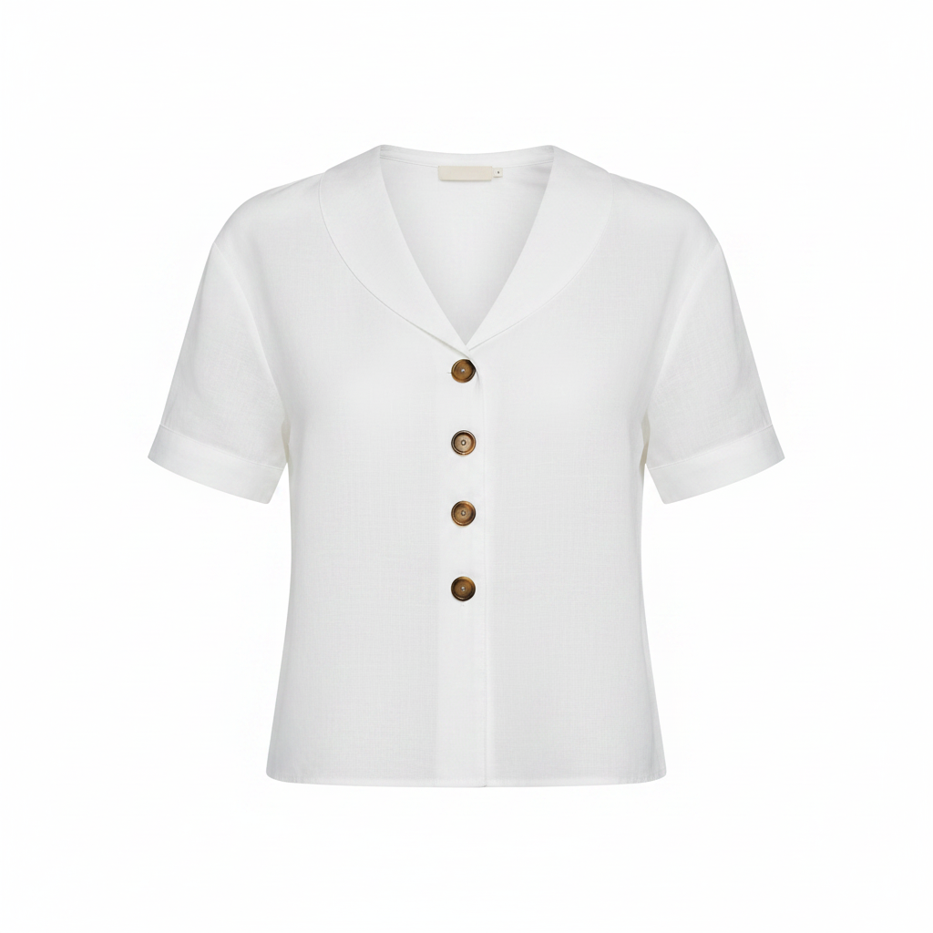 White short-sleeve blouse with shawl collar and four-button V neckline