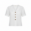 White short-sleeve blouse with shawl collar and four-button V neckline