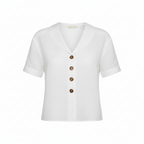 White short-sleeve blouse with shawl collar and four-button V neckline