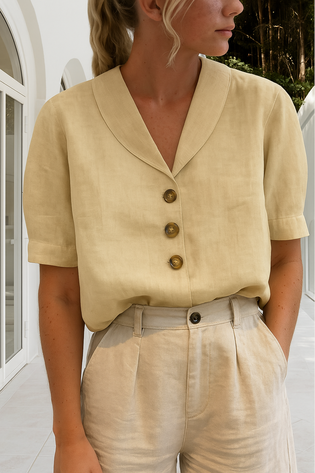 Beige women’s shawl-collar wrap neckline short-sleeve blouse with button front