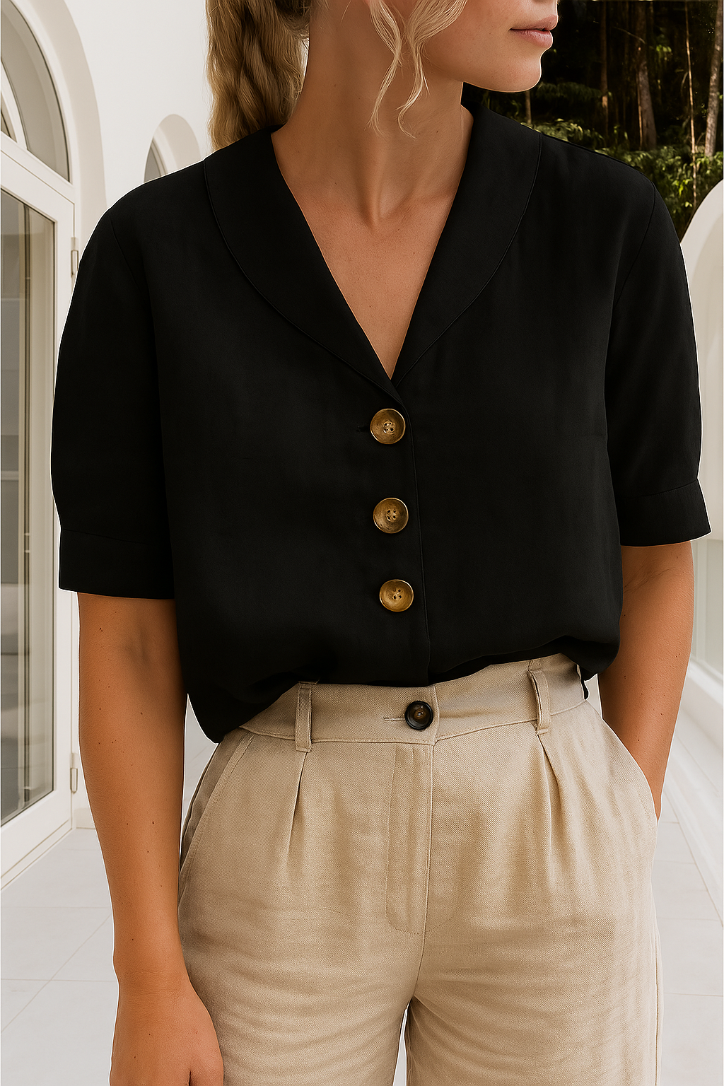 Black women’s shawl-collar wrap neckline short-sleeve blouse with four-button front
