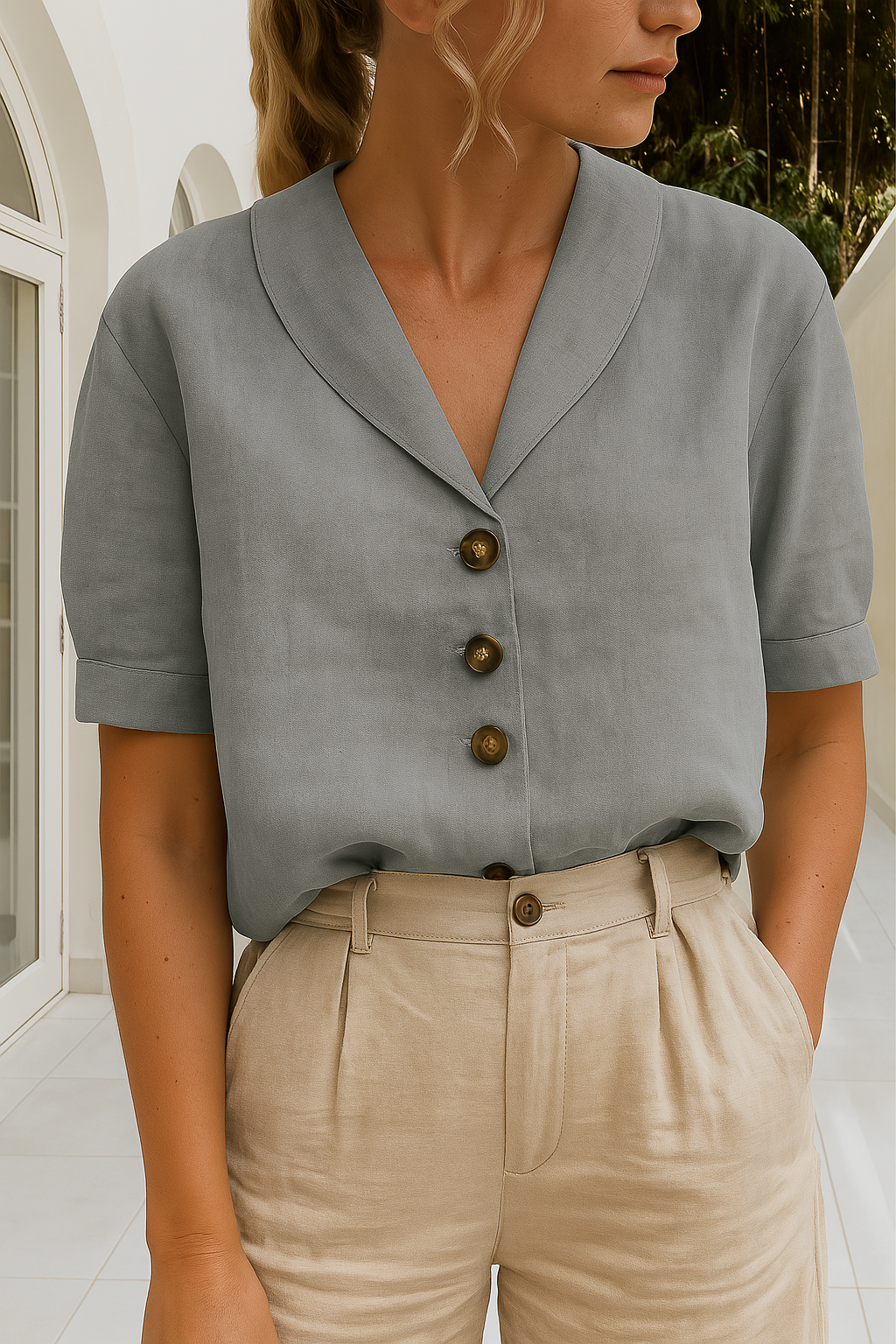 Grey women’s shawl-collar wrap neckline short-sleeve blouse with gold-tone button front