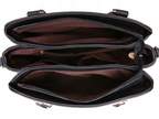 Black shoulder bag open view with zip closure and roomy interior lining