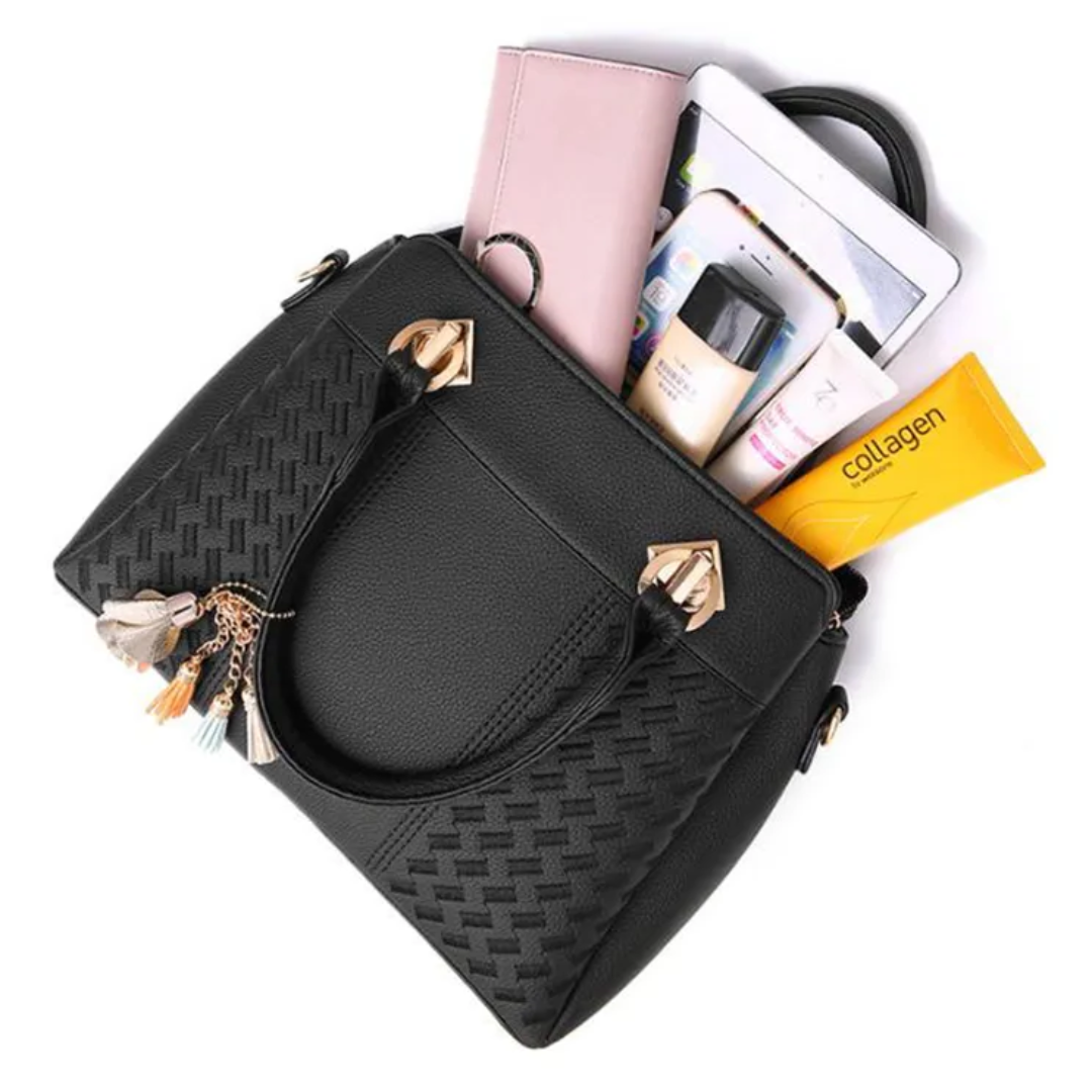 Black women’s shoulder bag with braided-texture front and tassel keychain