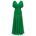 Green draped off-shoulder pleated maxi dress, fitted bodice, flowing skirt