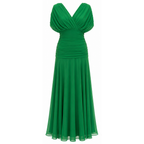 Green draped off-shoulder pleated maxi dress, fitted bodice, flowing skirt
