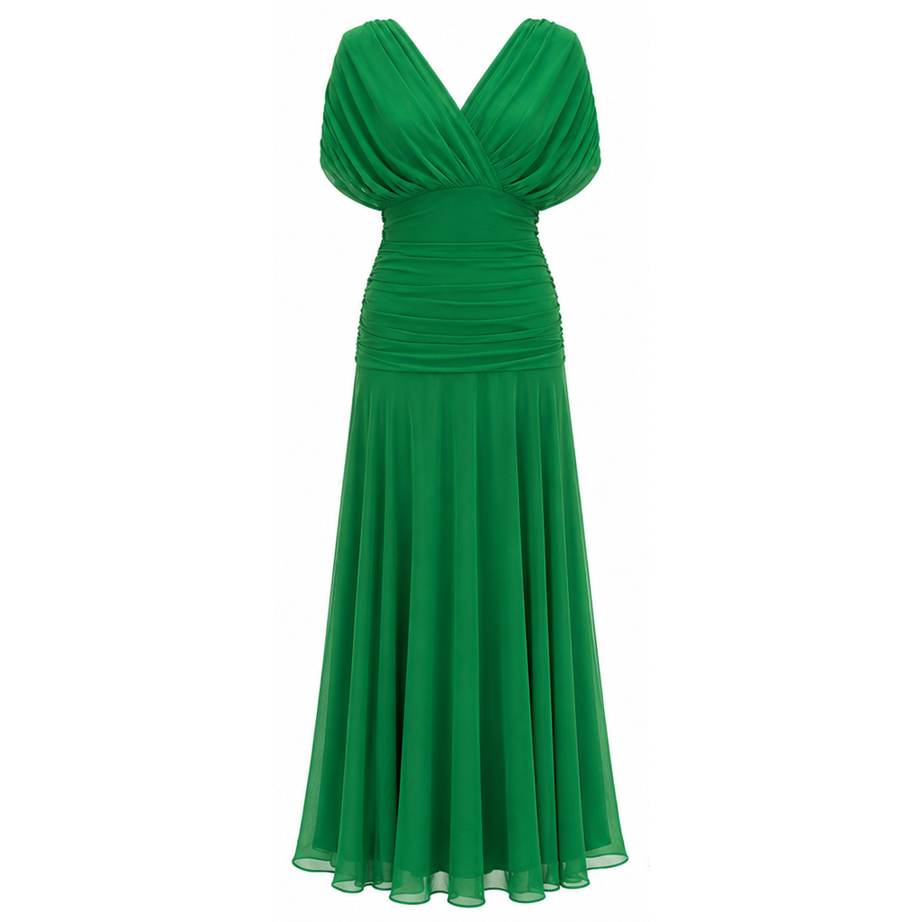 Green draped off-shoulder pleated maxi dress, fitted bodice, flowing skirt