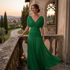 Green off-shoulder maxi dress with draped crossover neckline and pleated skirt