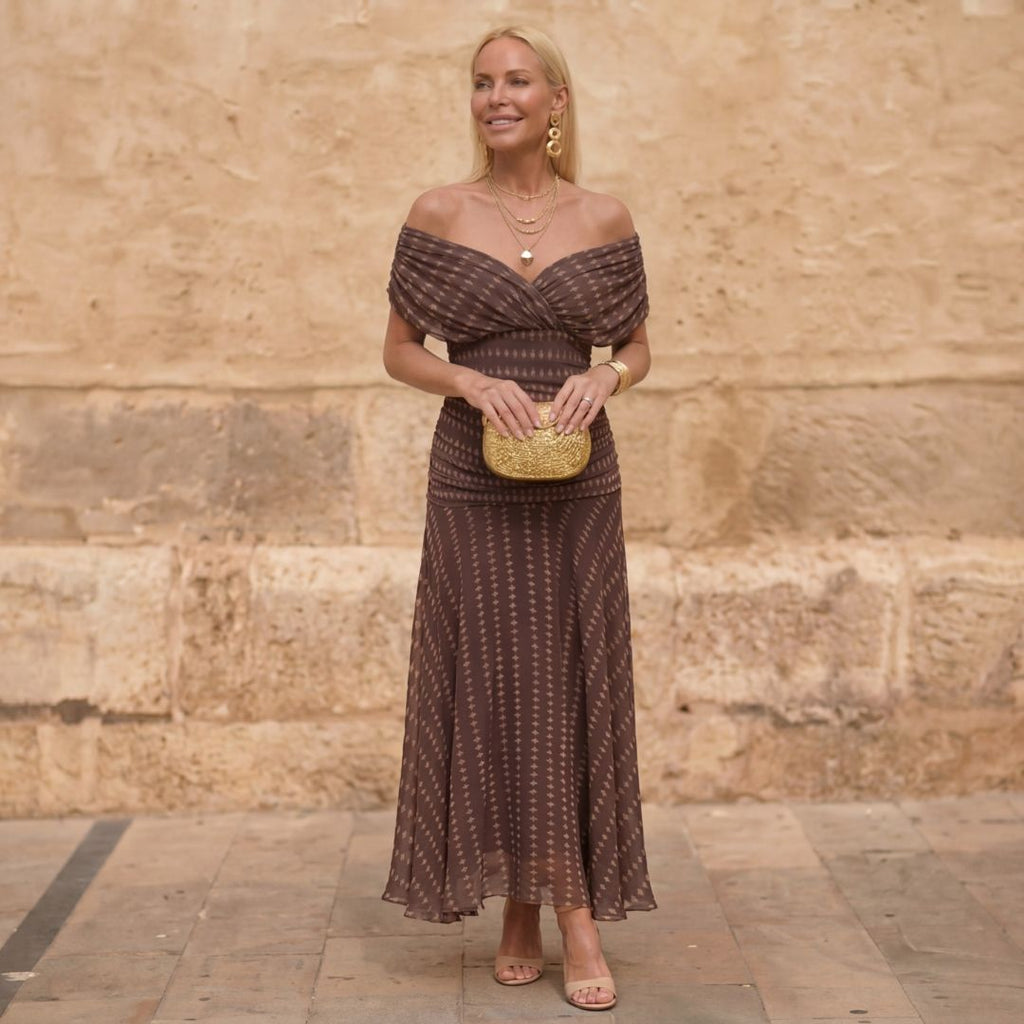 Brown off-shoulder pleated maxi dress, geometric print draped neckline