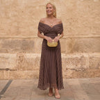 Brown off-shoulder pleated maxi dress, geometric print draped neckline