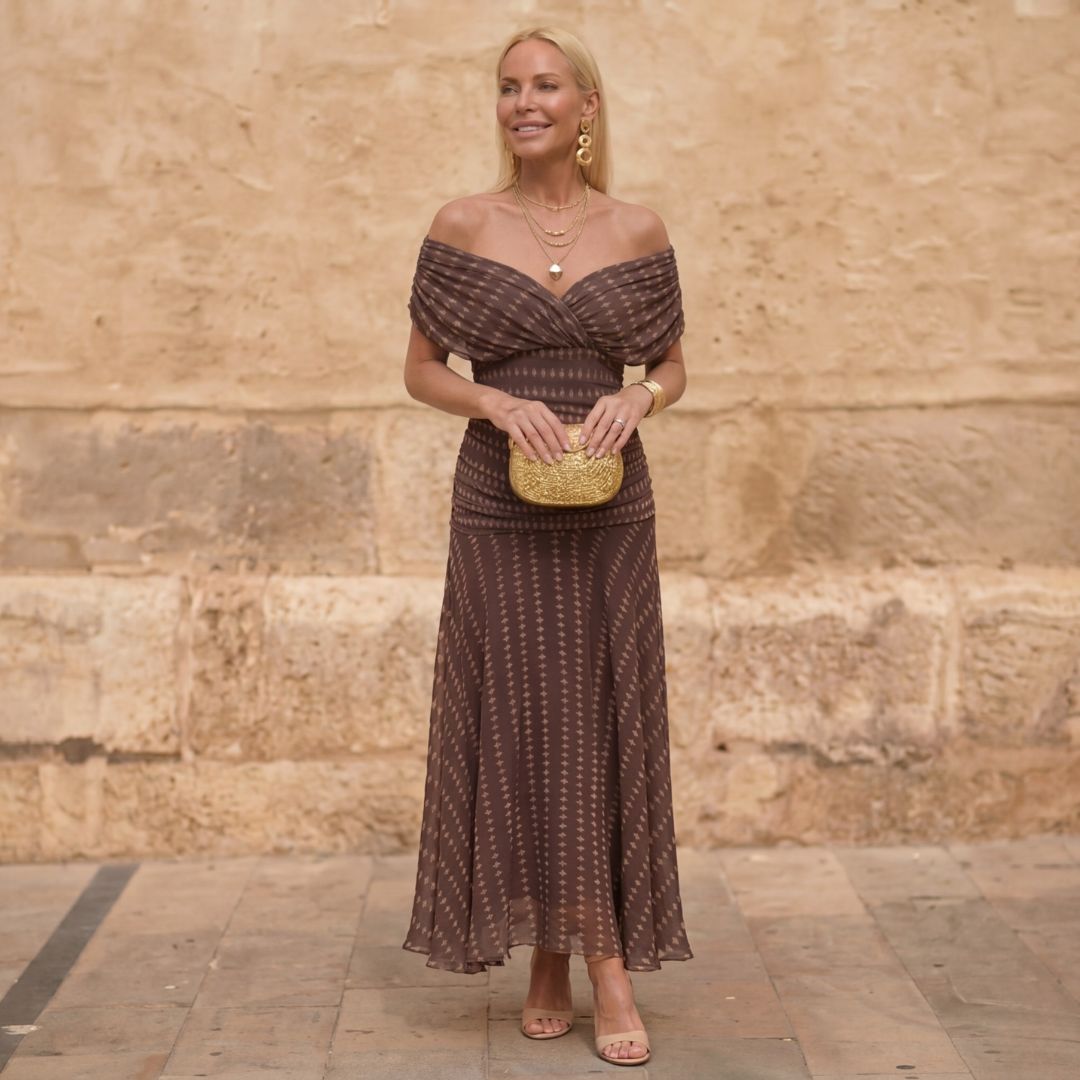 Brown off-shoulder pleated maxi dress, geometric print draped neckline