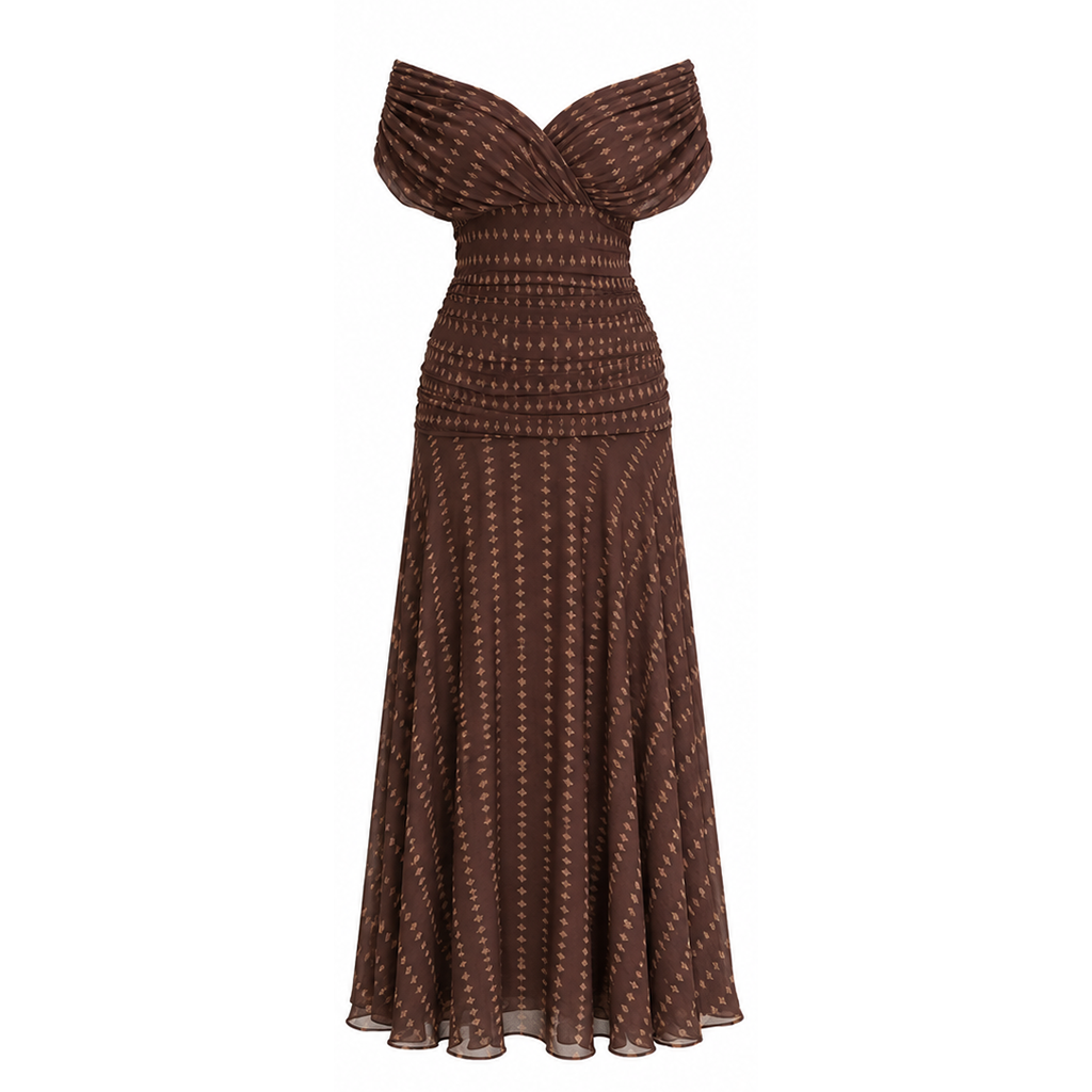 Brown geometric print off-shoulder maxi dress with pleated skirt, draped neckline