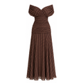 Brown geometric print off-shoulder maxi dress with pleated skirt, draped neckline