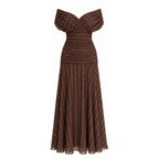 Brown geometric print off-shoulder maxi dress with pleated skirt, draped neckline