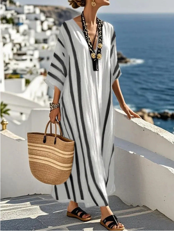 Lightweight striped kaftan maxi dress, black and white vertical stripes, V-neck