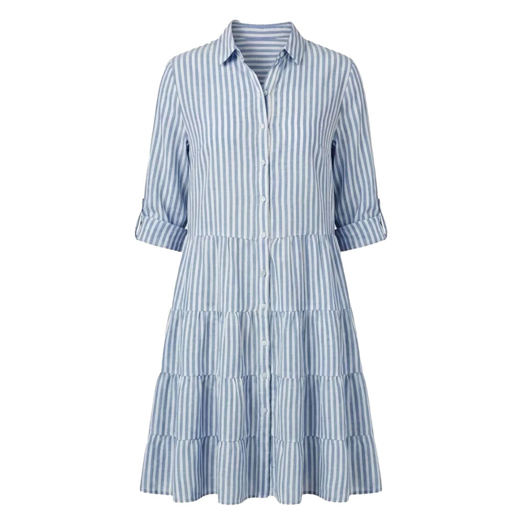 Blue striped tiered midi shirt dress with button front, collar, and 3/4 sleeves