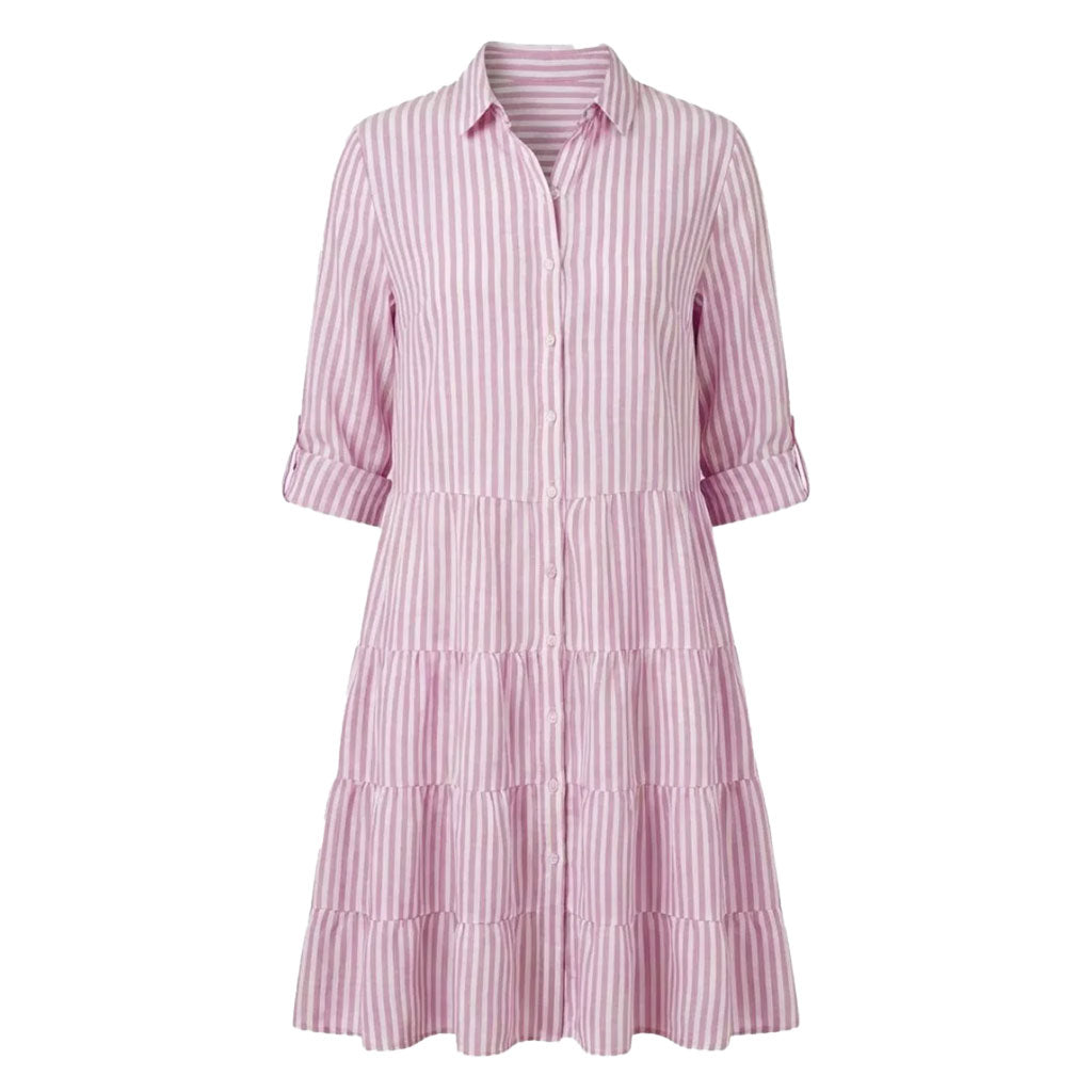 Lilac striped tiered midi shirt dress with button front and 3/4 sleeves
