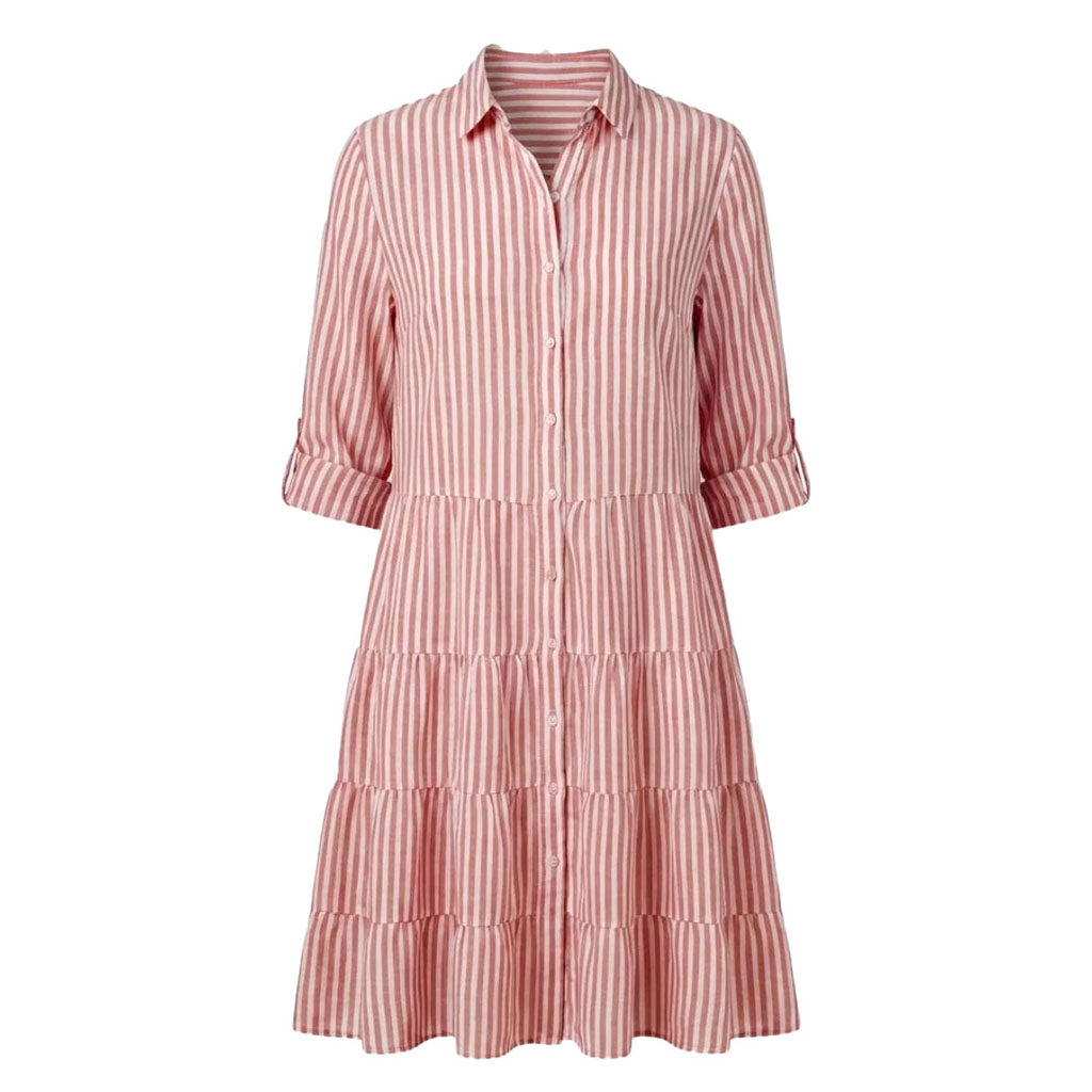 Pink striped tiered midi shirt dress with button front and 3/4 sleeves