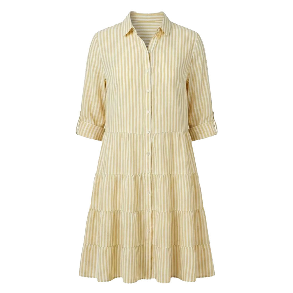 Cream striped tiered midi shirt dress with button front and 3/4 sleeves