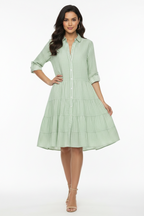 Light green striped tiered midi dress with button-up collar and relaxed defined waist