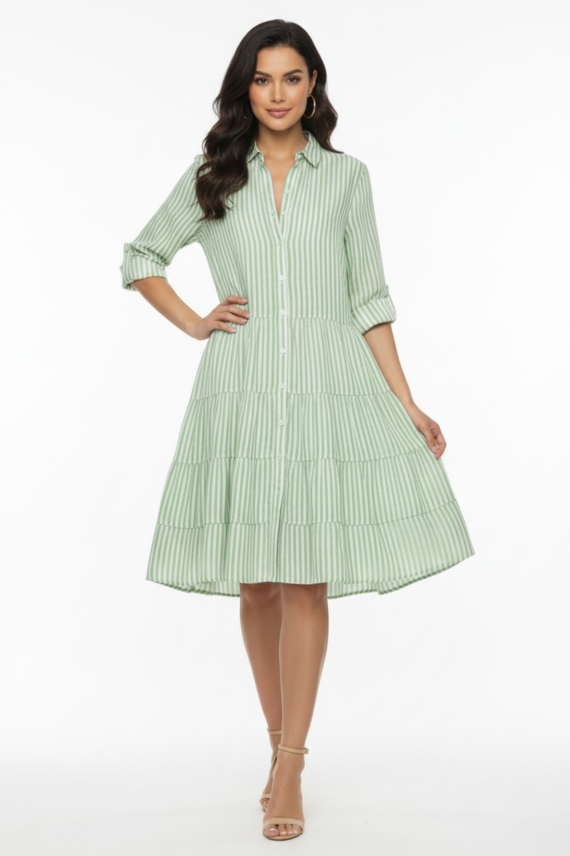 Light green striped tiered midi dress with button-up collar and relaxed defined waist