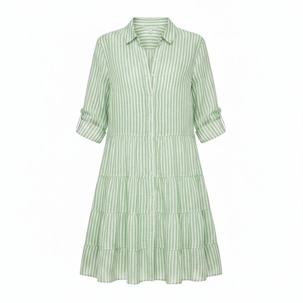 Light green striped tiered midi dress, button-up front, collared neckline, 3/4 sleeves
