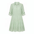 Light green striped tiered midi dress, button-up front, collared neckline, 3/4 sleeves