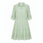 Light green striped tiered midi dress, button-up front, collared neckline, 3/4 sleeves