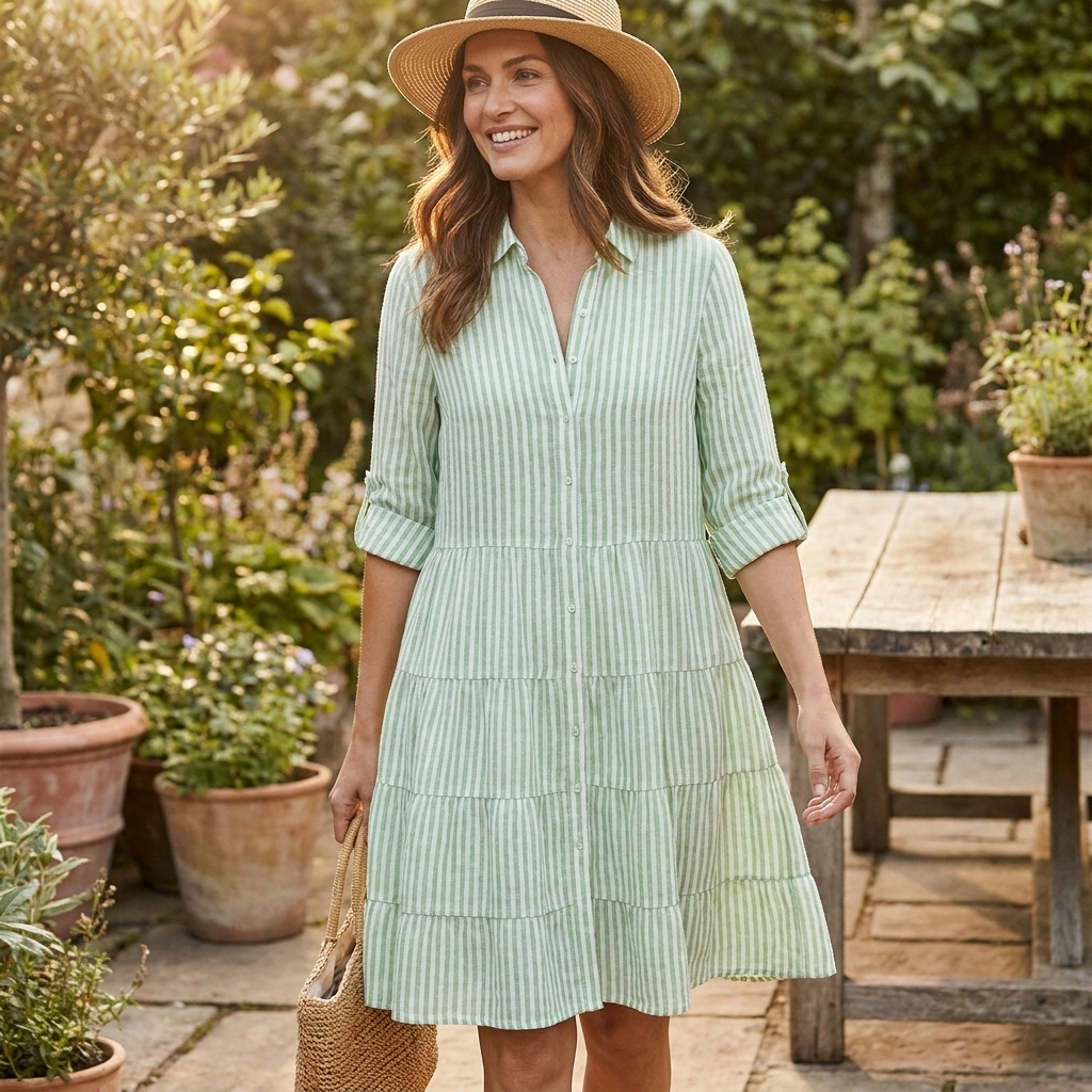 Light green striped tiered midi dress with button-up collar and 3/4 sleeves, relaxed fit