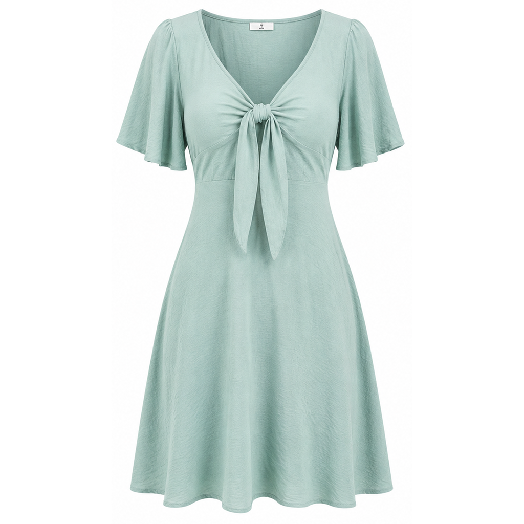 Mint green mini dress flat lay with bow-tie V neckline and flutter sleeves
