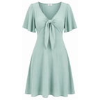 Mint green mini dress flat lay with bow-tie V neckline and flutter sleeves