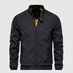 Black casual breeze jacket with full-zip front, stand collar, long sleeves