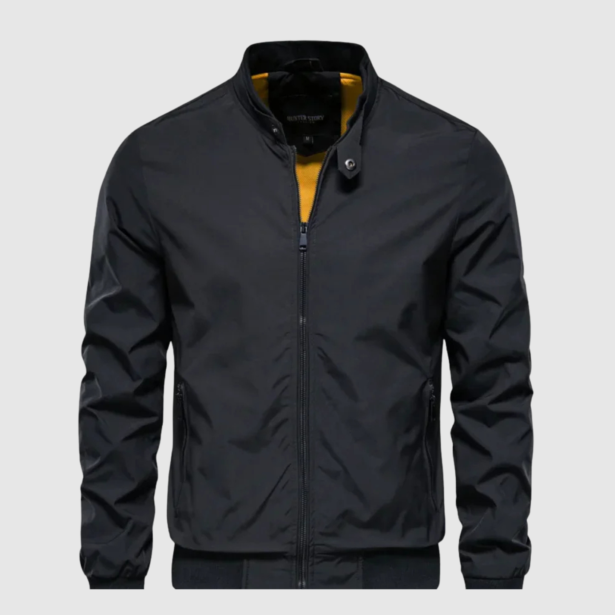 Black casual breeze jacket with full-zip front, stand collar, long sleeves