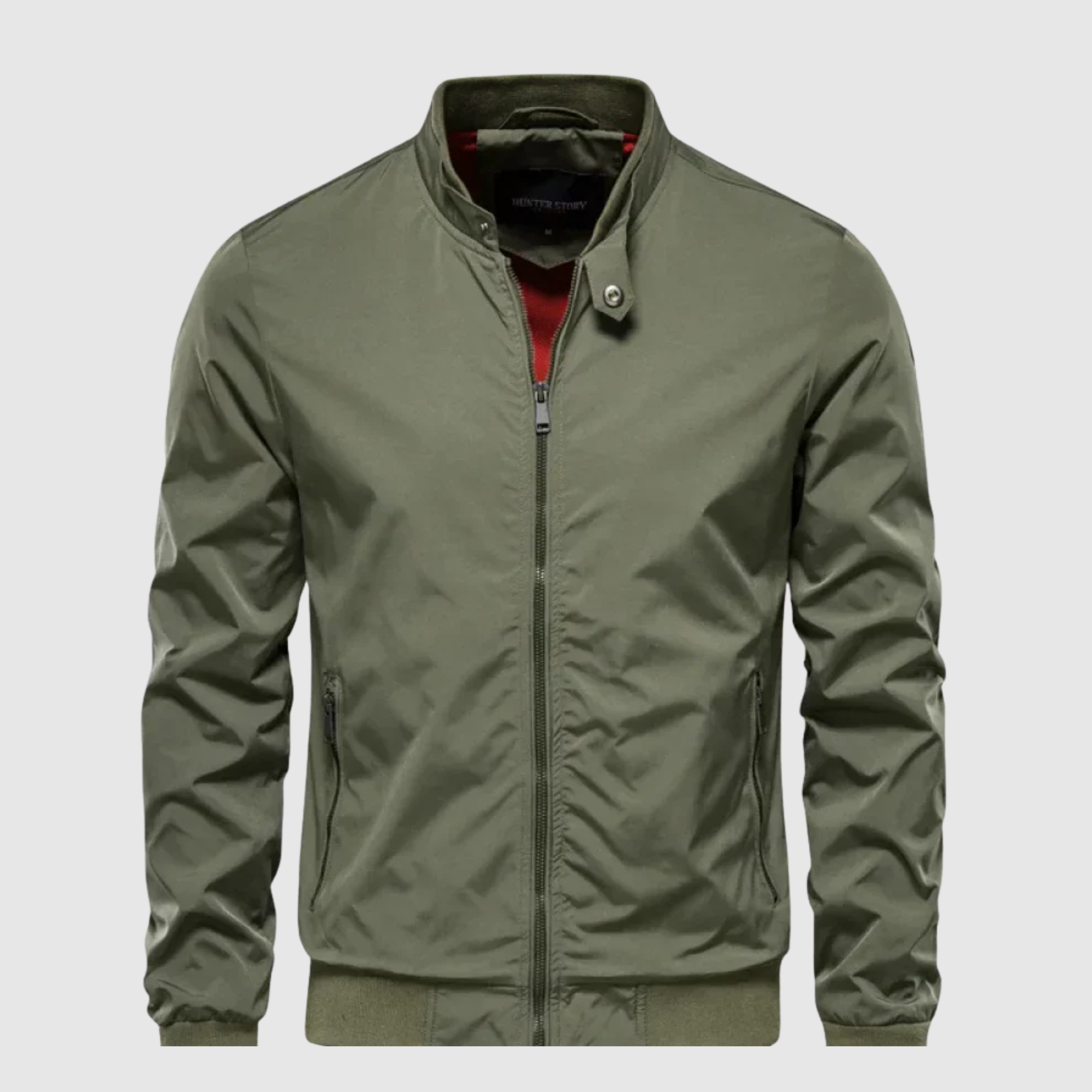 Green casual breeze jacket with full-zip front, stand collar, snap button detail