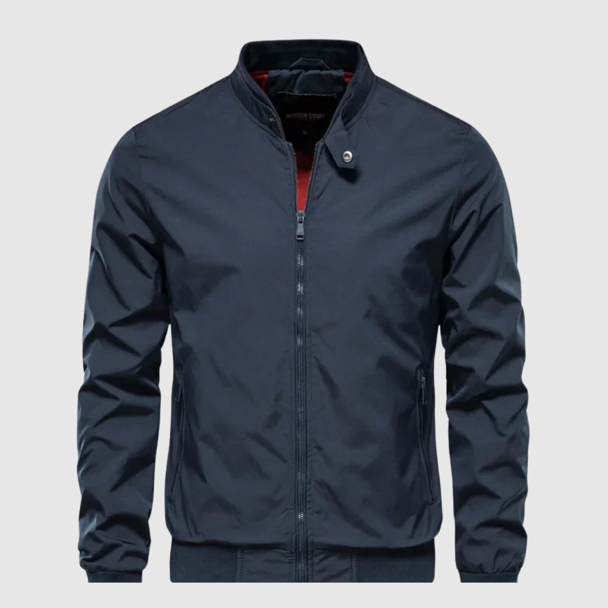 Blue casual breeze jacket with full-zip front, stand collar, long sleeves