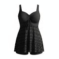 Women's black sleeveless swim one-piece with drawstring waist and skirted hem overlay
