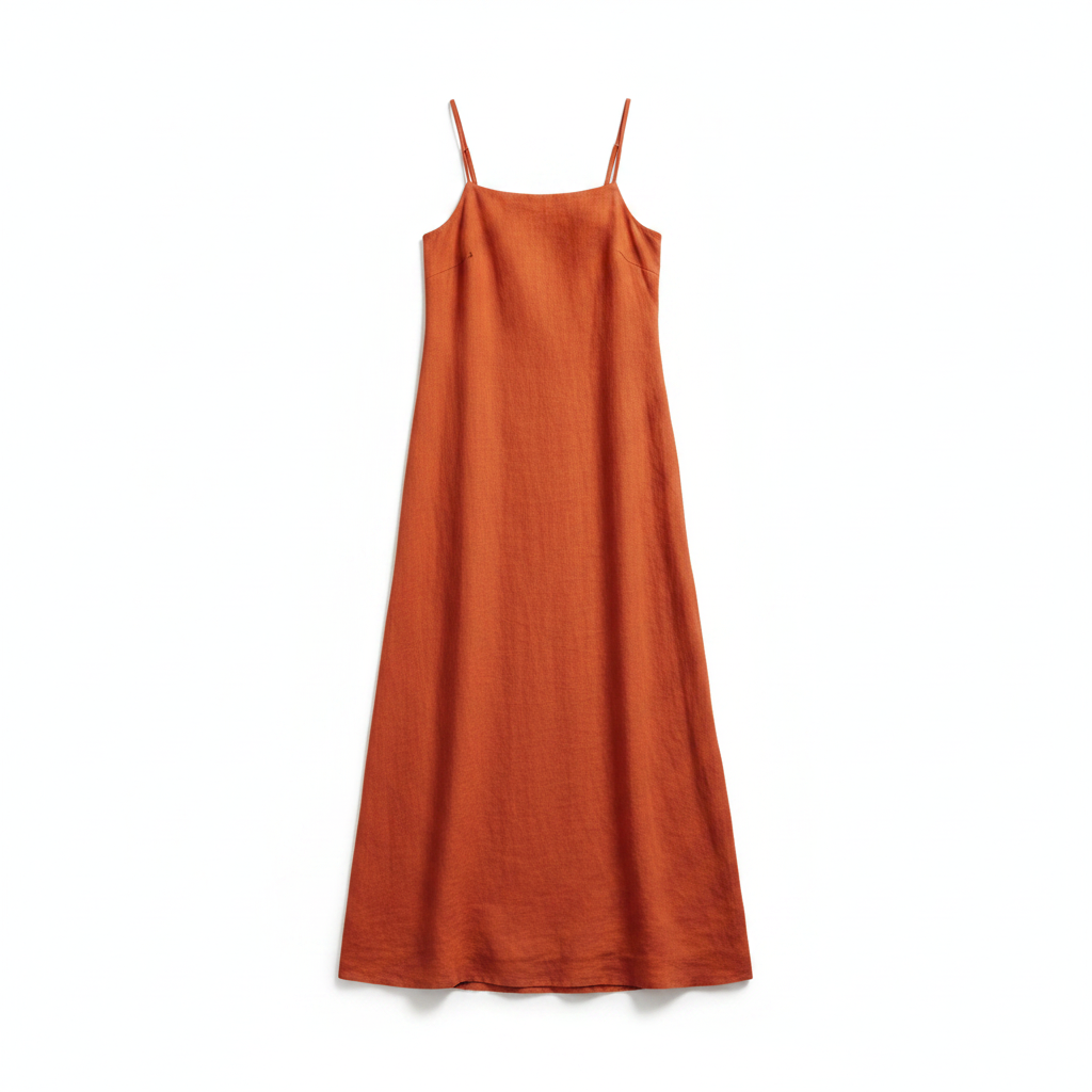 Red sleeveless square-neck maxi dress with spaghetti straps and straight, long silhouette