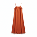 Red sleeveless square-neck maxi dress with spaghetti straps and straight, long silhouette
