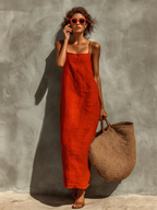 Red sleeveless square-neck maxi dress with spaghetti straps, relaxed fit to ankle