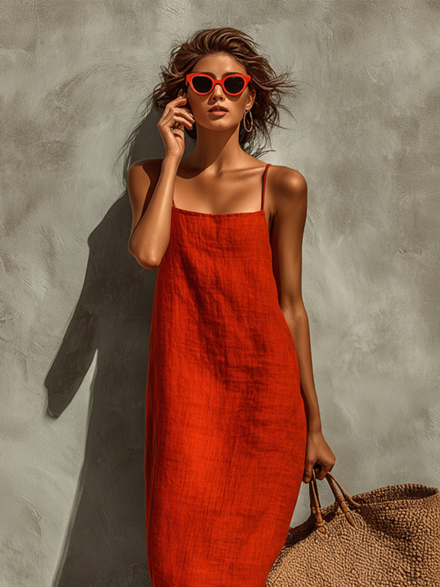Red sleeveless square-neck maxi dress with spaghetti straps and textured woven fabric