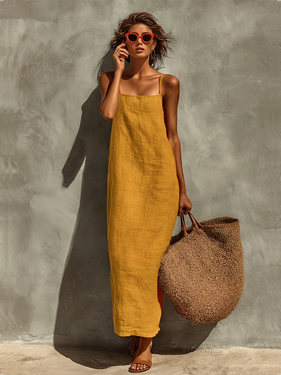 Yellow sleeveless square-neck maxi dress with spaghetti straps and ankle-length hem
