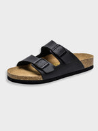 Women's adjustable buckle slide sandals, black with two straps and cushioned footbed