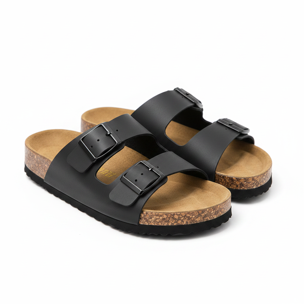 Women's adjustable buckle slide sandals, black two-buckle straps and contoured sole
